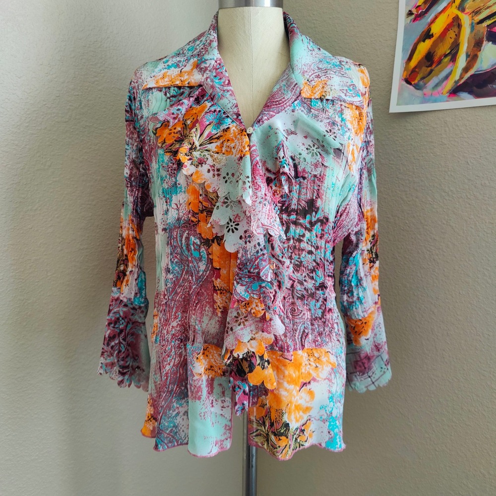 Vintage Y2K‎ Milano Maximlist Blouse Top Ruffle Abstract Artsy Scalloped Large